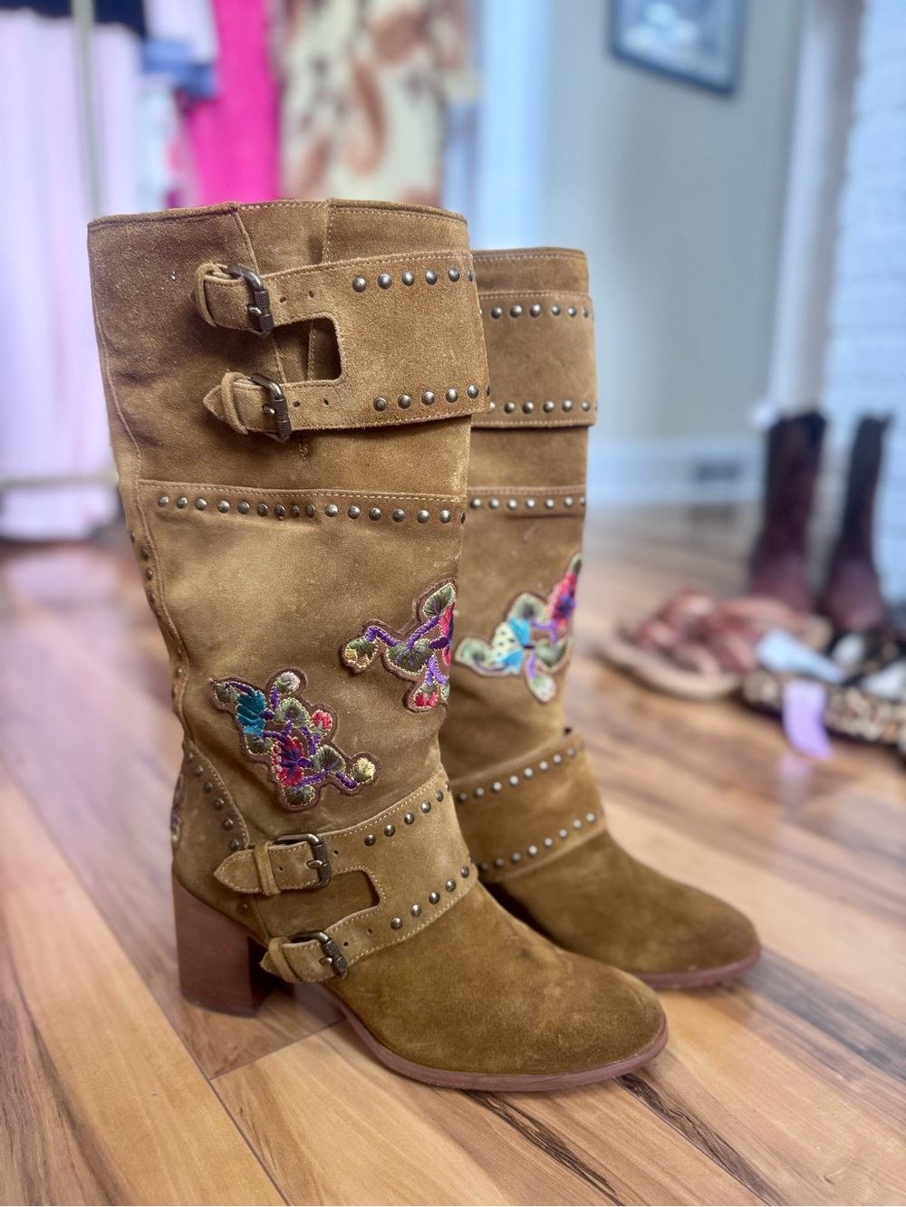 Suede Naomi Frye Embroidered Boots - Brown - Picture 2 of 2
